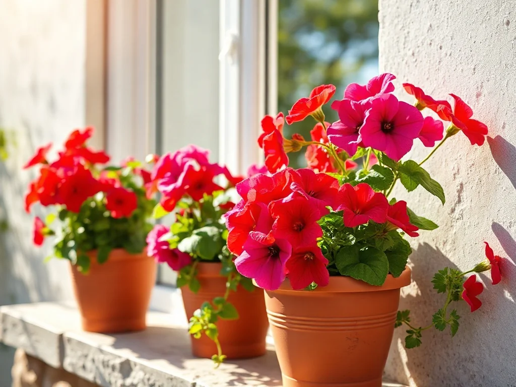 Kolorowe pelargonie i petunie w terakotowych donicach na słonecznym parapecie, idealne do nasłonecznionych miejsc.