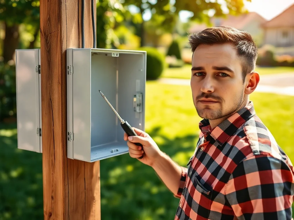 Mężczyzna sprawdza otwartą skrzynkę elektryczną zamontowaną na drewnianym słupie w ogrodzie.