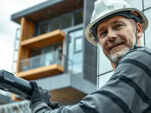 Mężczyzna maluje drewnianą powierzchnię profesjonalnym pistoletem natryskowym w warsztacie.