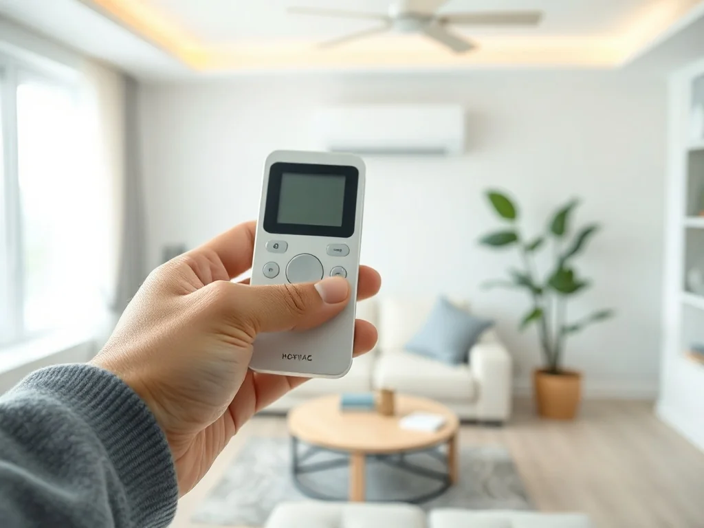 Dłoń trzymająca nowoczesny pilot do klimatyzatora LG na tle jasnego, minimalistycznego salonu.